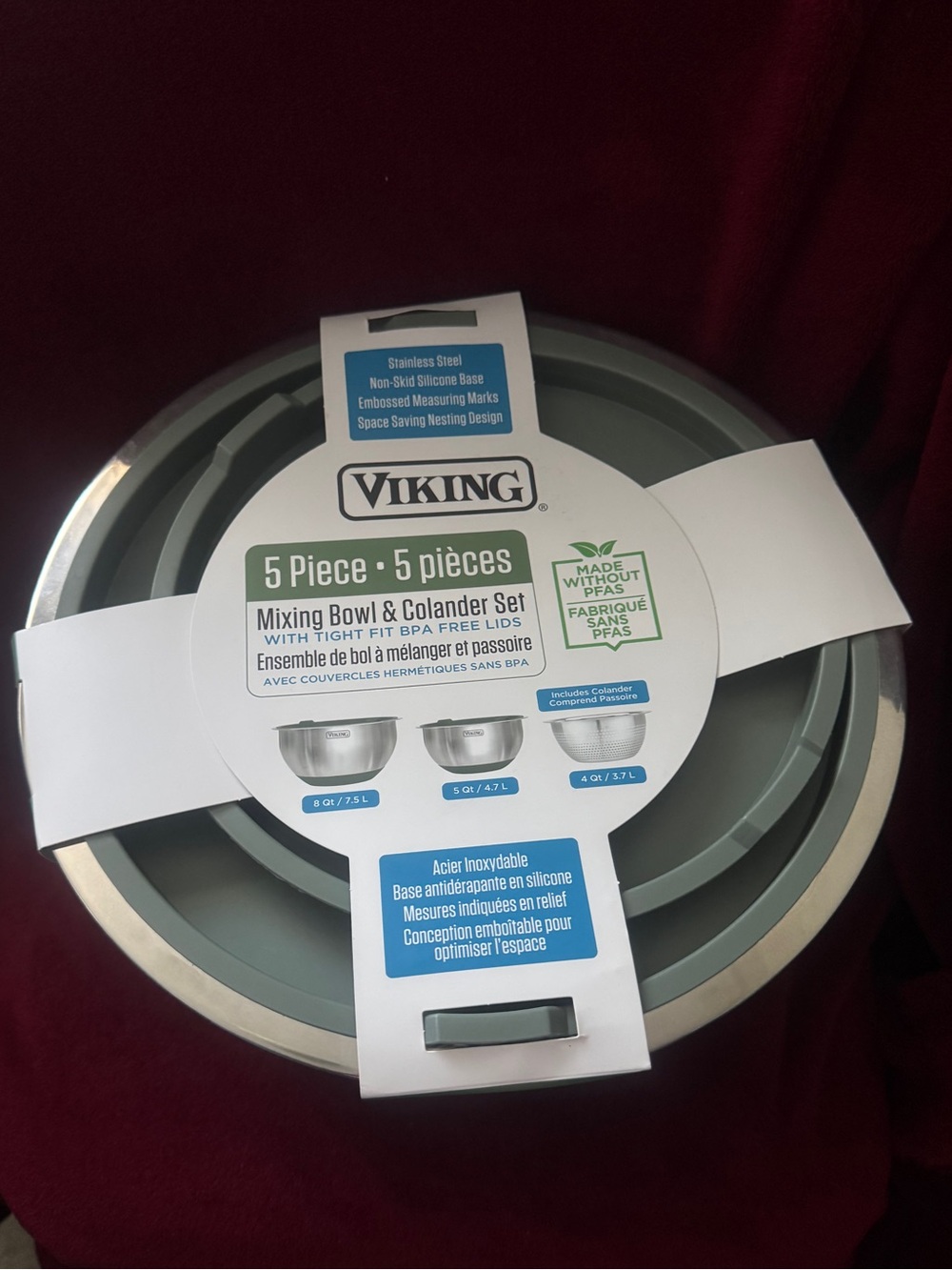 Viking 5-Piece Stainless Steel Mixing Bowl & Colander Set - Green